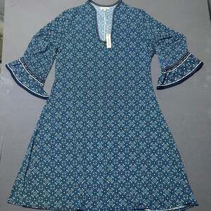 Max Studio Blue Geometric Medallion Print Bell Sleeve Tunic Dress Size XL